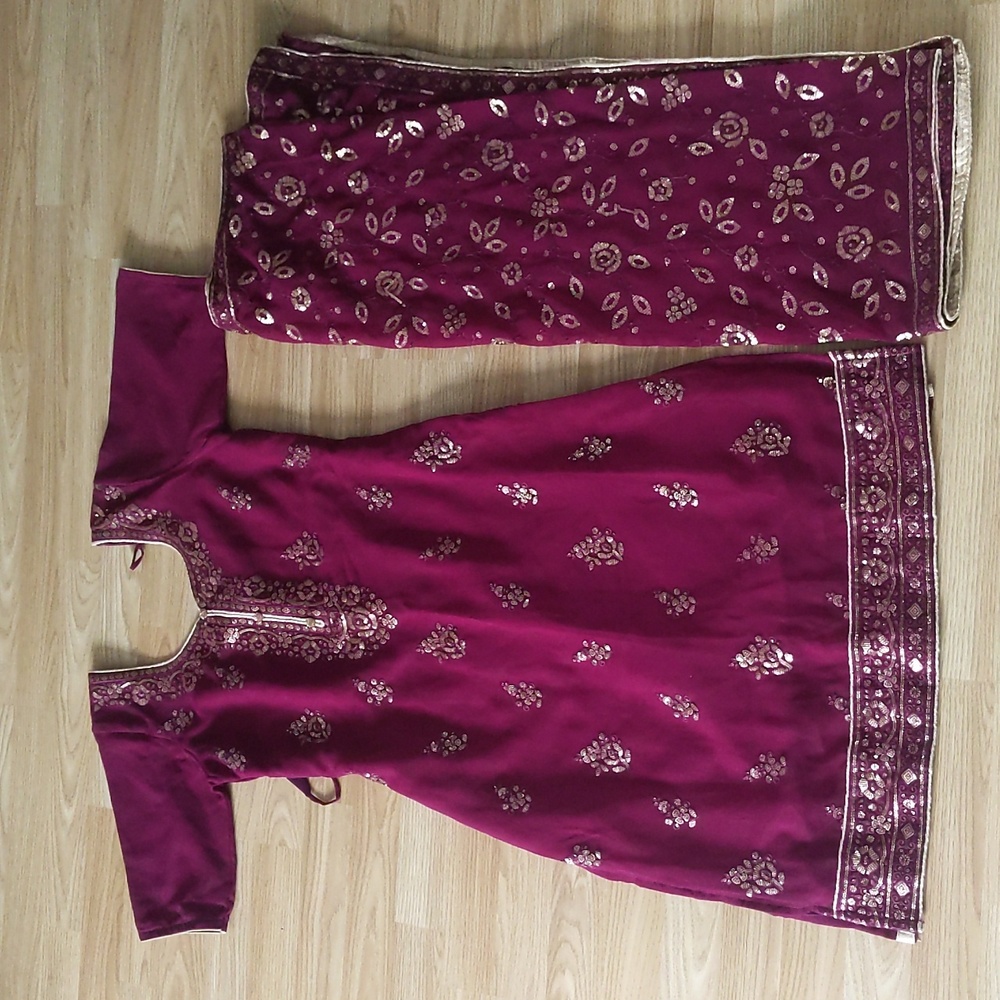 {Firm Price} Magenta and gold salwar kameez with pantaloons and dupatta